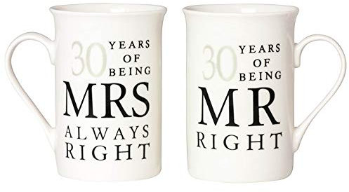 Happy Homewares Ivory White 30th Anniversary Mr Right & Mrs Always Right Ceramic Gloss Mug Gift Set