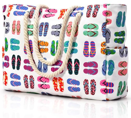 oscaurt Beach Bag Waterproof Women's Tote with Zip Foldable Shoulder Handbags for Women Holiday Essentials for Beach Sports Shopping Travel Weekend Bags