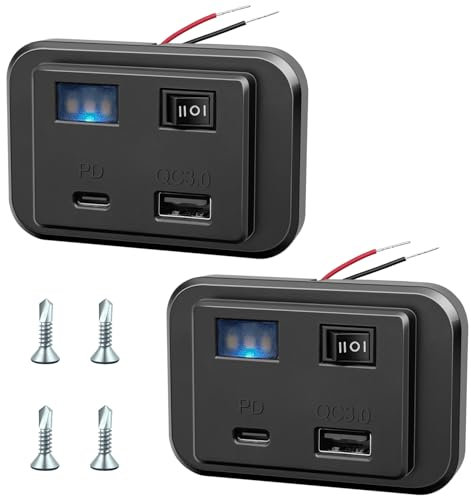 Giantdeer 2PCS USB Steckdose 12V, Typ C und QC3.0 Dual USB Autobuchse mit Schalter, Zigarettenanzünder Steckdose Panel mit Nachtlicht, USB Einbaubuchse für 12V/24V Autos/Wohnmobile/LKWs/Boote