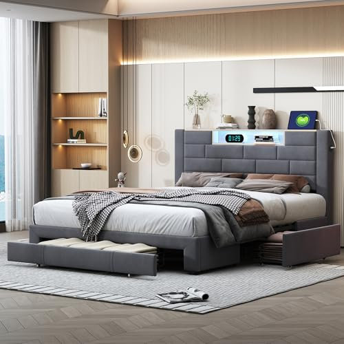 Henunem Polsterbett 160x200, Doppelbett mit 4 Schubladen, LED Kopfteil mit USB Ladefunktion, Rückenlehne betten mit Stauraum und Lattenrost, Stauraumbett, MetallBettgestell, Samt (Grau-122)