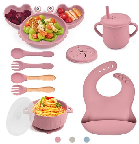 Bwaliffury Cubiertos Bebe, Vajilla bebe Silicona 10 Piezas,Set silicona Platos Bebe, Vajilla de silicona para Bebés, Taza de Agua Potable, Cuenco, Sin BPA(rosa)