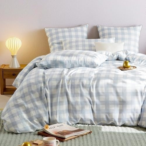 Lanqinglv Doppelte Musselin Bettwäsche 135x200 cm Baumwolle,Leinenoptik ÖKO-TEX Bettwäsche mit Blau Weiß Kariert Muster mit Reißverschluss und 1 Kissenbezug 80x80cm