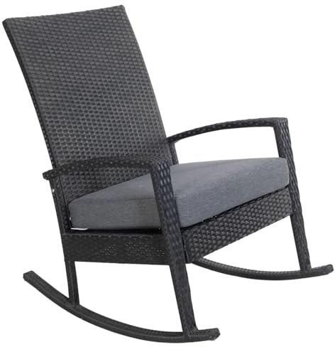 Ogarden Rocking Chair, Garten schaukelstuhl wetterfest, Poly Rattan Outdoor Schaukelstuhl, Schaukelsessel mit Kissen, für Garten, Terrasse, Balkon, Gartenstuhl (Hellbraun - Graues Kissen)