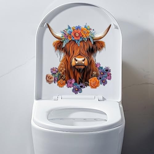 Iprokiu Funny Animal Toilet Seat Cover Decal Waterproof Cartoon Dog Cat Toilet Seat Lid Sticker Dinosaur Duck Washroom Bathroom Decal Home Wall Sticker (Highland Cow)