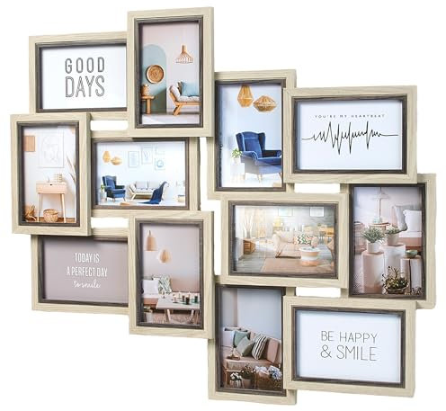 Kobolo Bilderrahmen Collage AVI, 61,5x54 cm, grau, Holzrahmen für 12 Bilder, dekorativer Mehrfachbilderrahmen für Fotos & Erinnerungen, ideal für Wohnzimmer, Flur, Büro & Kinderzimmer