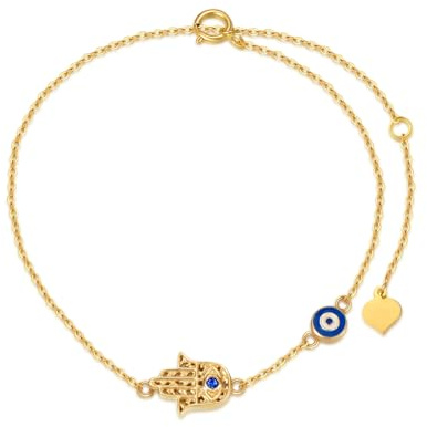 Rikelus 375/9K Echtgold Hamsa Hand Armband für Damen,Gelbgold gefertigtes Saphir Böse Augen Armband Fatima Glücks Amulett Schmuck,für Ehefrau Mutter Jahrestag Geburtstagsgeschenk