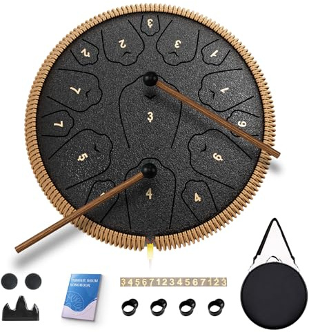 Steel Tongue Drum, 13 Zoll 15 Noten Zungentrommeln, C-Dur Drum Percussion Instrumente, Handpan Drums mit Notenbuch, Schlagzeugschlägel und Tragetasche (Schwarz)