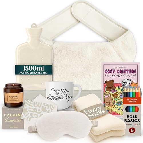 Hot Water Bottle Gift Set - Christmas Presents for Women, Includes White 1.5L Wrap Around Hot Water Bottle with Socks, Mug, Candle, Eye Mask, and Colouring Book with Pencil - Gifts for Women