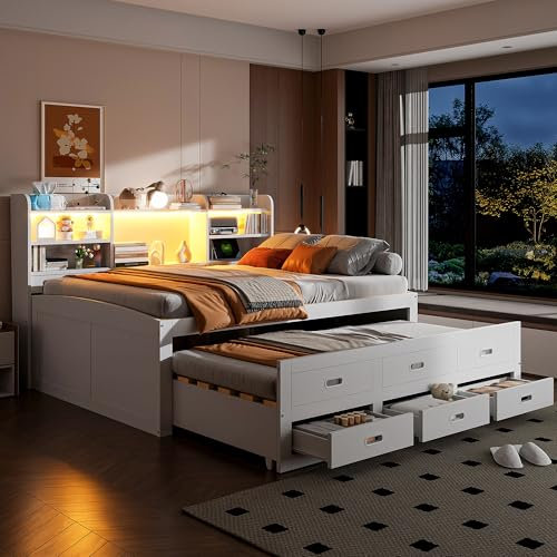 Merax Schlafsofa Tagesbett 140×200 cm mit multifunktionalem Ausziehbett, 3 schubladen, farbwechselndem LED-Streifen, Bettrahmen mit USB+Type-C und Nachttischablage, ohne Matratze, Weiß