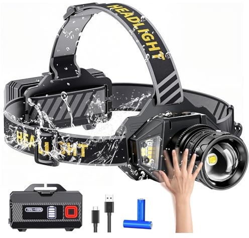 Spardar Stirnlampe Led Wiederaufladbar, Superhell 120000 Lumen Stirnlampe, 12 Modi & Sensor, IPX7 wasserdicht, 90° verstellbar, geeignet für verschiedene wie Camping, Angeln und Jagen