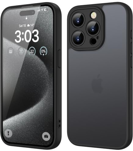 ORDA für iPhone 15 Pro Hülle, Vollständiger Kameraschutz Stoßfest, Schwarz | Matt Handyhülle für iPhone 15 Pro, Kratzfest Transluzente Rückseite Schutzhülle, Anti-Fingerabdruck Case
