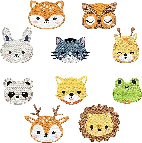 UOCAI Flicken zum Aufbügeln Kinder,10 Stück Patch Sticker Gestickte BüGel-Patch Bestickte Aufnäher,DIY Nähen Applikation Reparatur DIY Bügelbilder für Hosen Jeans T-Shirt und Textilien (Tierstil)