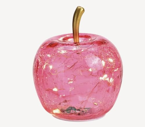 Seyila Home Dekorative Glas Apfel Leuchte mit LED Beleuchtung und Timer (unten), Crackle-Effekt Glas, Goldener Stiel, Weihnachtsdeko, Lampe (Pink/Rosa, 11 cm)