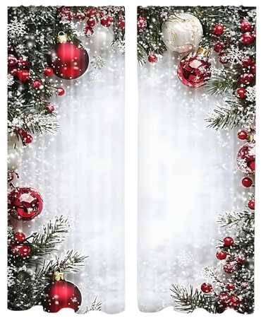 Dayysiuy Weihnachtsgardinen Für Wohnzimmer - 2 Stücke Weihnachtskugel-Druck Fensterabdeckung - 2D Flach Gedruckte Festliche Gardinen Mit Schneeflocken Und Kiefernzweig Muster - Für Zuhause Winterparty