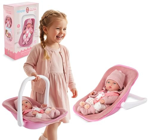 Kinderplay Bambola 30,5 cm con bambole a seggiolino auto – ovetto per piccola bambola, guscio leggero come accessorio per bambole dai 3 anni in su, rosa
