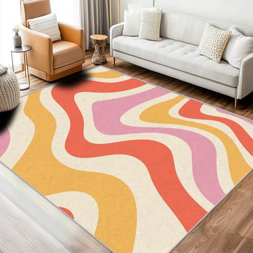 Generisch 70er Teppich Klein 60 x 90 cm Wohnzimmer Mit Retro Vintage Abstrakt Textured Rosa Gelb Muster, 70er Bettvorleger Schlafzimmer Deko, Waschbar Teppiche Gegend Kurzflor rutschfest