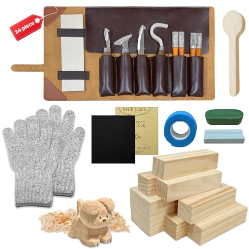 Set de Tallado de Madera, Gubias para Tallar Madera de 24 Piezas para Profesionales/Principiantes, Juego Práctico de Gubias con Bolsa de Cuero de Terciopelo con Piedra de Afilar Incluida