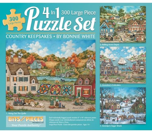 Bits and Pieces 4 Jigsaw Puzzle Set 300 Piece Puzzles for Adults, Country Keepsakes Set 300 Large Pieces 16 x 20 Jigsaw Puzzles - Colonial America Country Life - Random Die Cut Pieces No 2 Are Alike