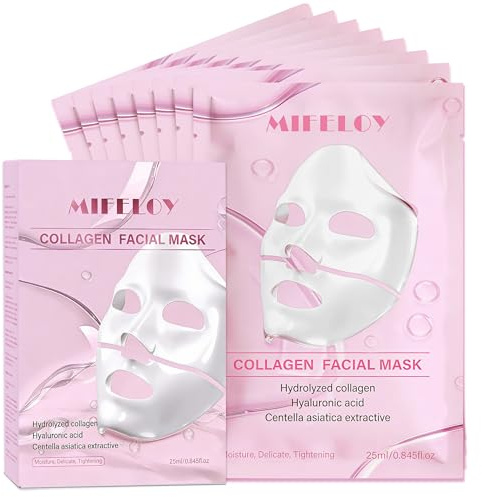 Mifeloy Collagen Gesichtsmaske für Damen – 8er Pack Hydrogel Tuchmaske, intensive Feuchtigkeit & Porenverfeinerung, feuchtigkeitsspendende Gelmaske für Elastizität, Self-Care Geschenkset