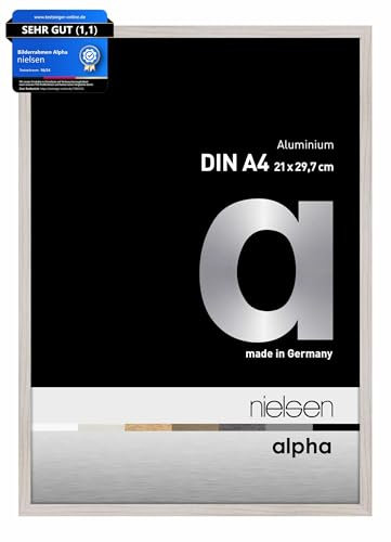 nielsen Bilderrahmen, 21 x 29,7 cm (A4), Aluminium, Eiche Weiß, Dokumentenrahmen zum Aufhängen im Hoch- & Querformat, Echtglas, Alpha