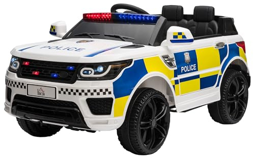 HOMCOM Macchina Elettrica per Bambini della Polizia con Sirena 12V Bianco | Auto Elettrica per Bambini con Telecomando, Sirena, Luci, Attacco USB per Musica, 110x68x52cm