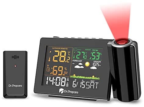 DR.PREPARE Wetterstation mit Außensensor DCF Projektionswecker Einstellbare Projektionsfokus Wecker mit Projektion zeigt Wettervorhersage für Schlafzimmer Büro Wohnzimmer