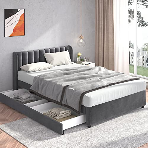 HESHU Polsterbett 140 x 200 cm mit 2 Schublade, Samt Doppelbett mit Stauraum, Bett mit Lattenrost, Kopfteil Rückenlehne, Modernes Bettgestell, Grau, ohne Matratze
