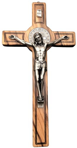 Motivationsgeschenke Benediktus Wandkreuz | aus Olivenholz und Metall | Heiliges Kruzifix mit Jesus Korpus und Segensworte | Kreuz mit Wandhalterung| (30x15cm)