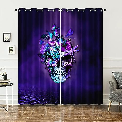 HOSIMA Vorhänge mit Totenkopf-Schmetterling,Ösenvorhänge,Set mit 2 Vorhängen,lila Totenkopf-Schmetterlings-Druck,Vorhänge für Kinder-und Jugendzimmer(Schmetterling XL)