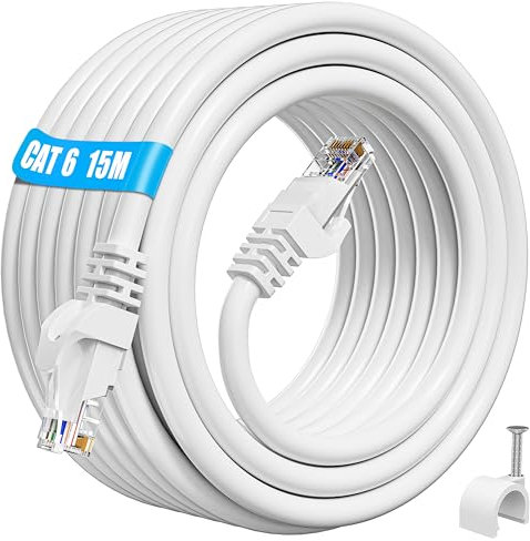 ikbc Cable Ethernet 15 Metros, Cat 6 Alta Velocidad Cable de Red Cable RJ45, 23AWG Gigabit Cable LAN 15m Largo Cable Internet UTP 250MHz Interior Cable Wifi para PS5/4 Rúter (15 Clips)