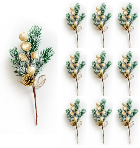 RXXR 10 bacche di fiocco di neve, bacche di Natale artificiali, pigne per composizioni floreali, ghirlanda fai da te, decorazioni per albero di Natale (oro)
