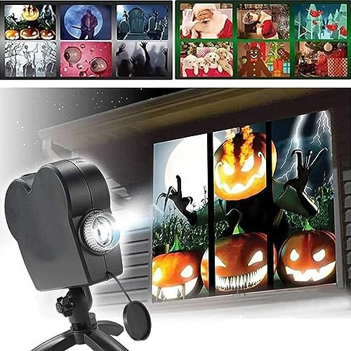MJJAOQYF Halloween Christmas Holographic Window LED Projector Lights, 12 Movies Festival Decoration for Home Party, with A Tripod,Black
