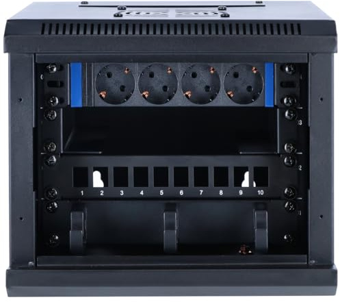 DSIT 10 Zoll Set: 4HE Netzwerkschrank zur Wandmontage – Rackschienen – Steckdosenleiste – Kabelführungsleiste – UTP Keystone Patchpanel