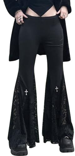 SEAUR Pantaloni gotici punk da donna, neri, vintage, svasati, in pizzo, patchwork, Y2K, pantaloni skinny, per feste e club, taglie XS, S, M, L