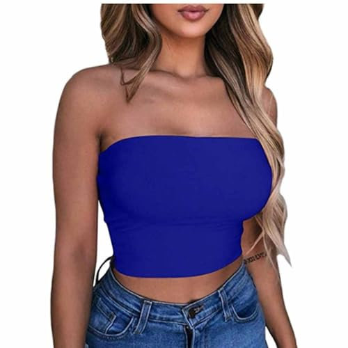 KOG Outlet Angebote Bandeau Top Damen Crop Tops Sexy Tube Top Frauen Sommer Schulterfreies Oberteil Off Shoulder Bauchfreies Trägerloses Top Slim Fit Oberteile Amazon Essentials Damen Blau L