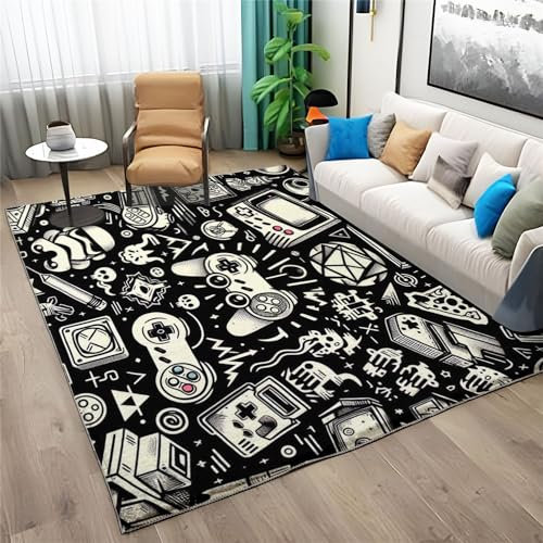 Area Rugs 180x240cm Cartoon Game Console Rug Home Modern Carpet, Black Carpet Non-slip Carpets Rectangle Rug for Living Room, Bedroom, Office and Indoor Decoration