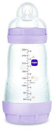 MAM Easy Start Baby Bottle for Babies from 2-4 Months, 260 ml with Flow 2 Teat for 2+ Months, Made of SkinSoft Silicone, Organic Circular, Purple