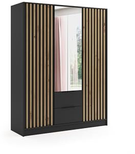 ALTDECOR Kleiderschrank mit Spiegel und selbstschließenden Flügeltüren mit Lamel - NERA - 150 cm Schwarz/Artisan