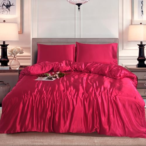 ROOEE Silk Satin Duvet Cover with Pillowcases Bedding Set for Single Double King Size Bed Easy Care Luxury Ultra Soft Quilt Cover (FUCHSIA, Single)