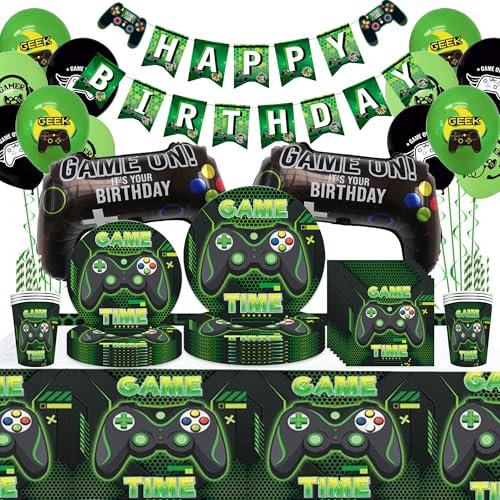 Video Gaming Party Decorations - 96 Piece Supplies, Happy Birthday Banners, Green Game Balloons, Tablecloths, Plates, Cups, Napkins for Kids, Boys, Men Gamers, Serves 10 Guests