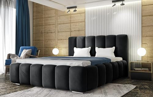 AGMAT-FURNITURE Polsterbett Bali mit Kopfteil, 180 x 200 cm, Doppelbett mit Bettkasten und Lattenrost aus Metall, Velourstoff: Dunkelgrau
