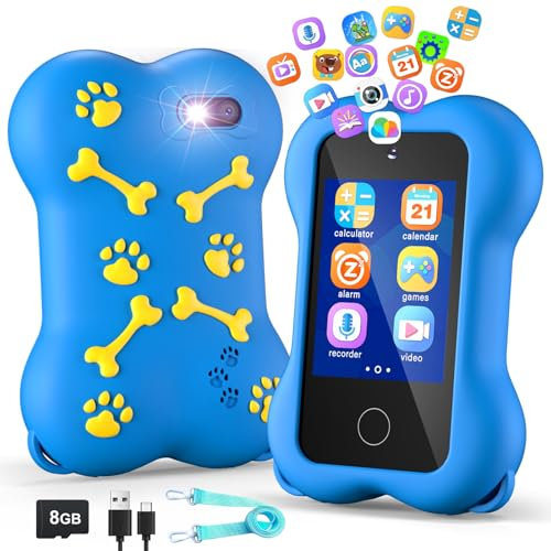 VATOS Kids Smart Cell Phone Toy for Girls & Boys, Cute Paw Bone Mobile Phone 2.8 Touchscreen HD Dual Camera with Anti-Collision Silicone Case, Memory Card, Birthday Gift for Kids 3-10 Years Old