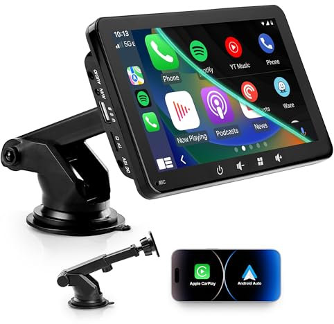 Pantalla de coche compatible con CarPlay y Android Auto, tablet portátil de 7 pulgadas, pantalla táctil IPS HD, control de voz estéreo inalámbrico para automóvil, pantalla de reproducción de coche