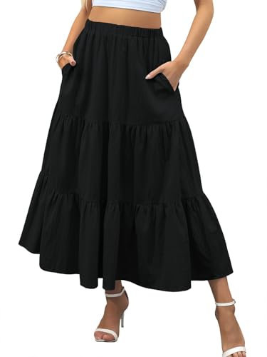 Zeagoo Damen Rock Elegant Sommer Langrock Casual A-Line Hohe Taille Maxirock Elastische Freizeitrock Einfarbig Röcke mit Taschen Schwarz XL