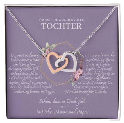 Nilaja Mutter Tochter Geschenk Doppelherz Karabiner Halskette mit personalisierter Karte und Geschenk-Box - 18. geburtstag mädchen - Kette mit Zirkonia zum Geburtstag Weihnachten