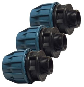 PP Klemmkupplung 3er-Pack – 20 mm x 1/2 AG | Klemm x Außengewinde | 16 bar Druck | PE-Rohr Fitting Schwarz/Blau | Für Trinkwasser (DVGW/KIWA/WRAS/SVGW)
