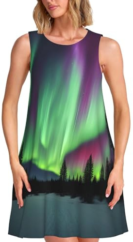 LONGZEHAO Sommerkleider für Damen, Motiv: Nordlichter, Malerei, Druck, 2025, lässig, Strand, ärmellos, Sommerkleid, lockeres Tanktop mit Tasche, Schwarz, XX-Large