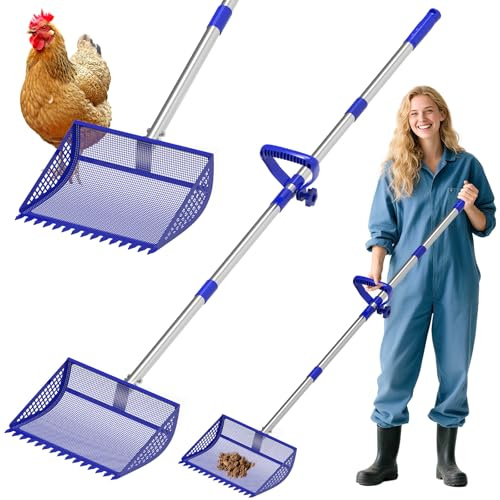 30,5 cm große Hühnerkotschaufel & Rechen 2-in-1, großer Metallschaufelkopf, Gummigriff, Edelstahl, Hühnerstall, Streuschaufel (88,9 bis 165,1 cm), zum Patent angemeldet (blau)