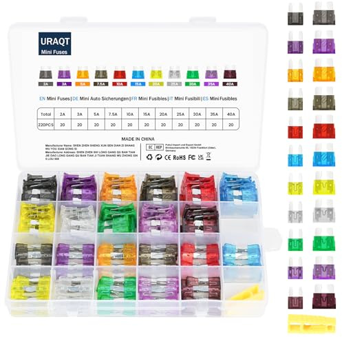 URAQT Sicherungen Set, 220 Stücke Mini Auto Sicherung mit Aufbewahrungskoffer und Sicherungsabzieher Sortiment Klinge Sicherung für Auto Lkw Sicherungen Kfz (2A,3A,5A,7,5A,10A,15A,20A,25A,30A,35A,40A)