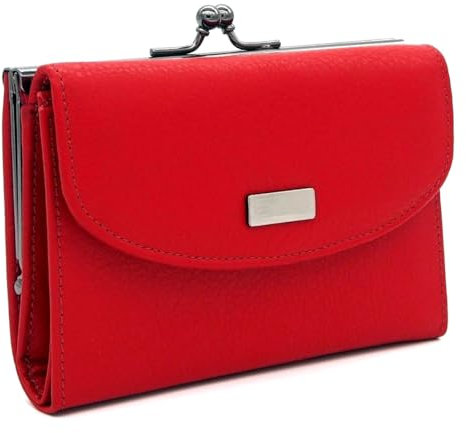 Charmoni - Portefeuille Femme - Porte Monnaie Fermoir clic clac - Porte Carte Crédit - en Cuir De Vachette Véritable (Cuir, Rouge)